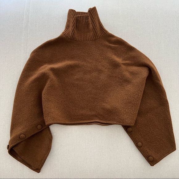 ZARA Brown Knit Turtleneck Crop Sweater with Button Sleeves Size Medium - Picture 6 of 9